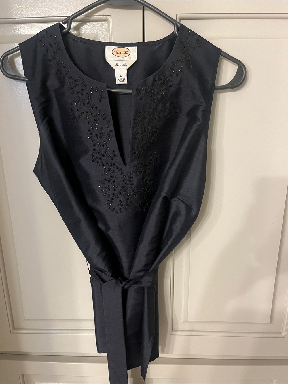 Talbots Navy Sleeveless Beaded V-Neck Tie-Waist Blouse